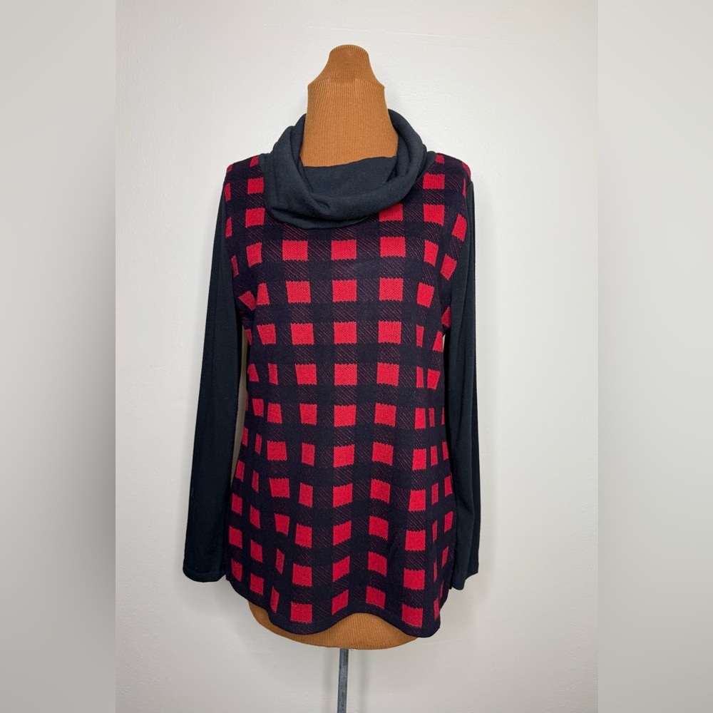 Talbots Buffalo Plaid Black and Red Cowl Neck Sweater Size Medium